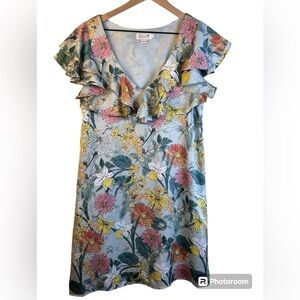 Molly Bracken Feminine Floral Knee Length Dress Blue Size Small Flutter Sleeve